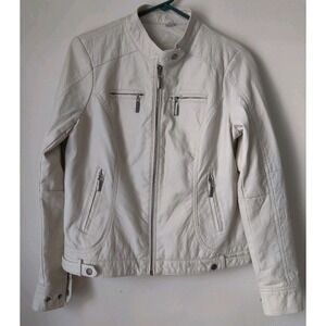 J2 by Joujou Faux Leather Zip Jacket Women Fully Lined‎ Off White w Pockets Sz L